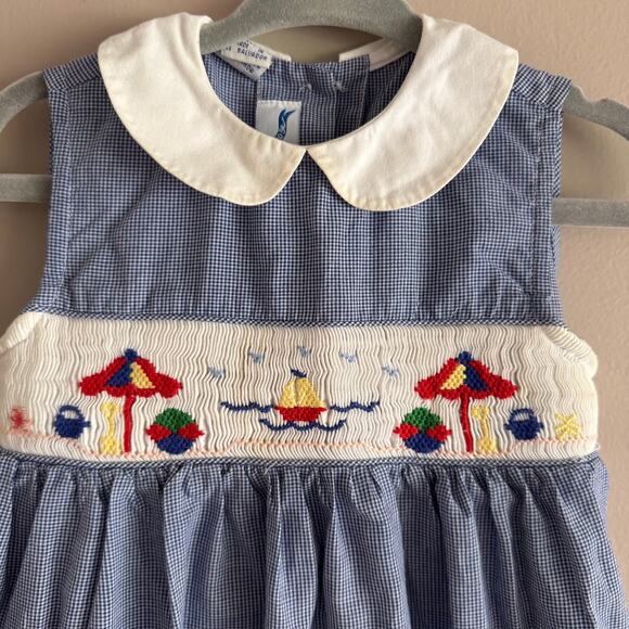 Silly Goose Hand Smocked Summer Beach Collar Dress Tie Back Blue Gingham 24M - Picture 2 of 8